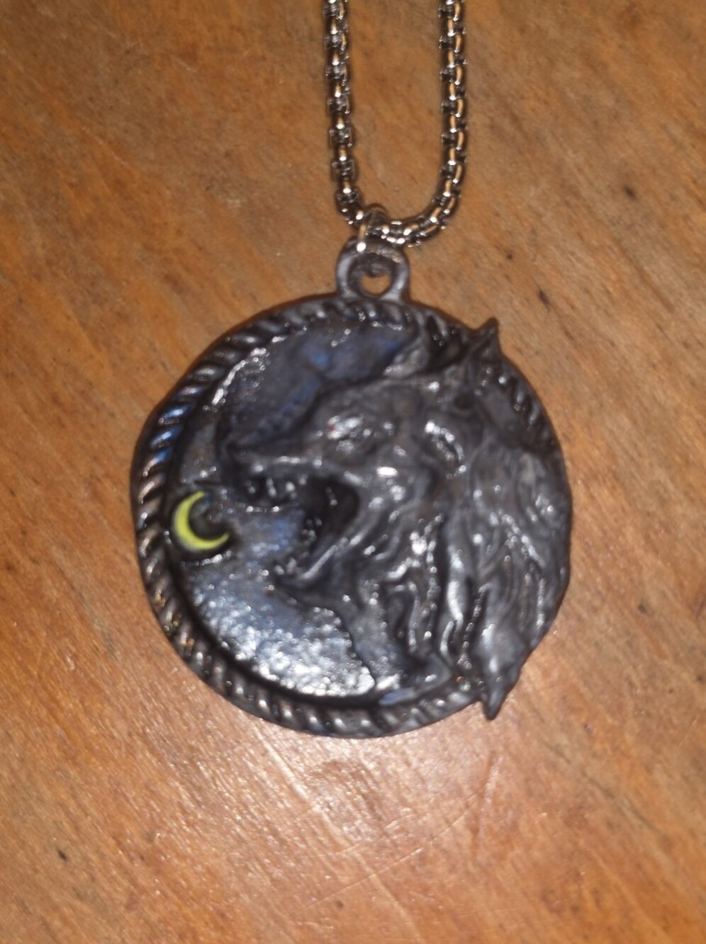 Resin Wolf Pendant Under Crescent Moon On Stainless Steel Chain Necklace